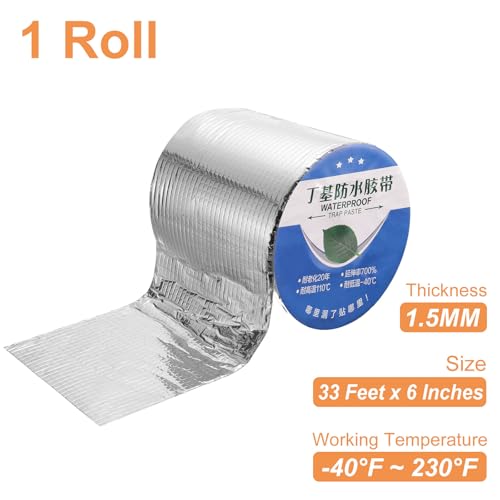 Image of HARFINGTON Waterproof Butyl Tape 33-ft x 6 inch W Aluminum Foil Sealant Tape, 0.06 inch Thick Upgraded Outdoor Use Self-Adhesive Sealing Tape for Roof Window RV Boat Pipe Repair