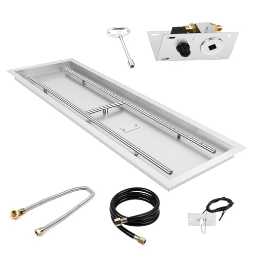 Dollate Drop-in Fire Pit Kit 48 x 14 Inch, Rectangular Fire Pit Insert H Burner with Spark Ignition and Propane Hose Kit, Fire Pit Pan for Indoor or Outdoor Decorative Fireplace