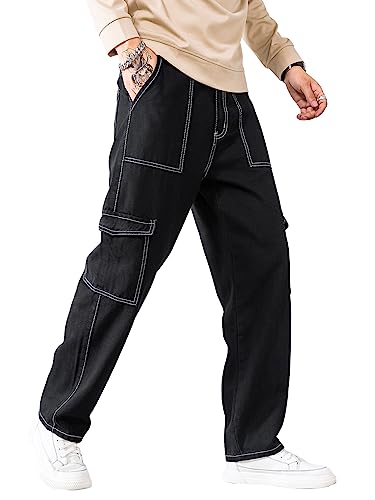 GORGLITTER Men's High Waist Baggy Jeans Wide Leg Denim Cargo Pants Contrast Stitching Skater Jeans Trousers