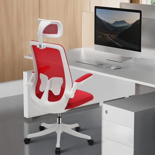Monibloom Ergonomic Office Chair Lumbar Support, 360 Swivel Breathable Mesh Desk Chair With Headrest And Flip-Up Armrest, 95°-125° Adjustable High Back Ergonomic Desk Chair, 250 Lbs Capacity, Red #TOP2