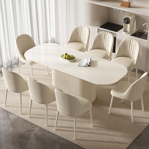 Table de salle à manger et de cuisine Miuuod Ensemble de 220 cm, table rectangulaire avec 8 chaises, pieds stables, blanc crème