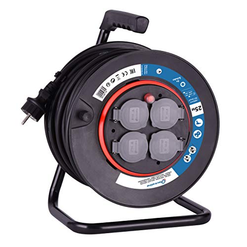 Electraline 49125 Kabeltrommel H05VV-F 3G1,5 25 m Kabel/Kabelrolle mit 4 Schuko-Steckdosen/Kabelbox mit Verlängerungskabel/Leitungsroller mit Kurbel, Schwarz, Schwartz, New Cover