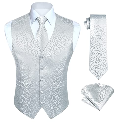 Enlision Chaleco de Vestir Blanco Hombre Boda Jacquard Paisley Elegante Chalecos Traje Corbata y Pañuelo Floral de Fiesta XL Cover