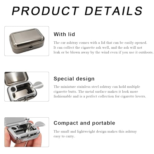 Image of Mini Portable Ashtrays, Metal Pocket Dustproof Car Ash Tray with Lid, Compact Square Windproof Car Cigar Ashtrays, Decorative Cigarette Snuffers Ashtray for Car Home Office (Black)