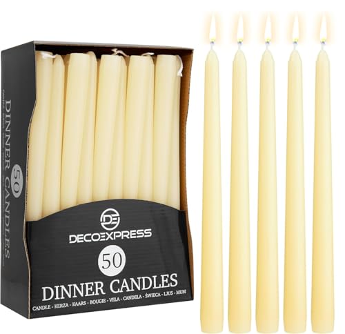 DECO EXPRESS Candles Set, Pack of 50 Classic Dripless Tapered Metallic Dinner Candles, Unscented with 8 Hours Burning Time, Home, Valentine’s Day & Mother’s Day Decor Idea (Ivory, 50 Pack)