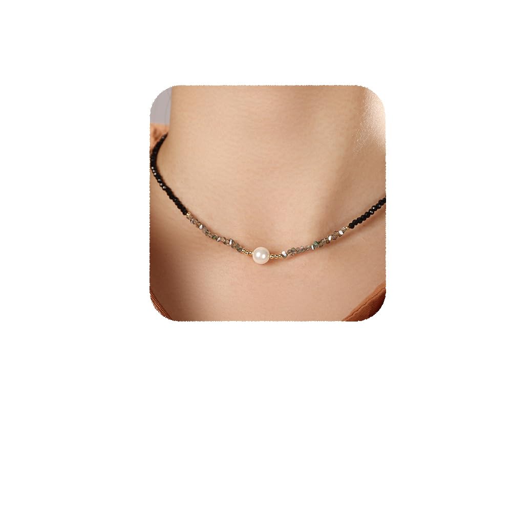 YERTTER Dainty Black Seed Beads Chain Pearl Pendant Choker Necklace Bohemian Collar Lightweight Chic Choker Necklace Adjustable Choker for Women Party
