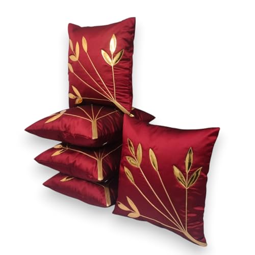 Image of Golden Floral Cushion Covers, 16x16 Inch, Set of 5 (Maroon)