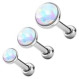 Stückzahl: 1 Stück. Material: 316 L Chirurgenstahl. Stablänge: 6 mm. Stabstärke: 1,2 mm. Kugel Größe: 3 mm / 4 mm / 5 mm / Set - je nach Auswahl. Farbe Stab: Silber / Gold / Rosegold - je nach Auswahl. Farbe Opal: Weiß / Blau / Lial / Pink / Türkis / Lila - je nach Auswahl.