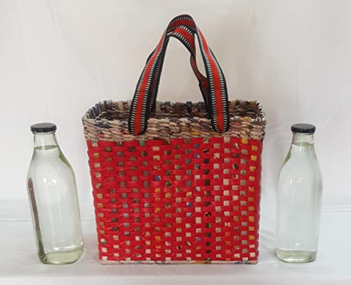 Image of Paperus, MEDIUM, Red Check, Lunch Bag, Picnic Basket, Handbag, Carry Bag, Tiffin Basket for Office, Eco-Friendly, Handmade, of Paper Ropes, 6 inch Wide Base 11 inch Height 12 inch Length, 10 Liters
