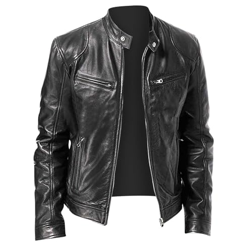 Men Faux Leather Zip Up Jacket Stand Collar Leather Motorcycle Jacket Lightweight Bomber Outwear PU Coat with Pockets