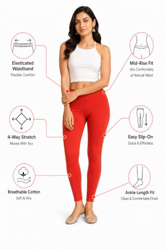 Image of Women's Cotton Lycra Ankle Length Leggings | Regular Rise, Soft 4 Way Stretch Fabric | Casual & Ethnic Wear
