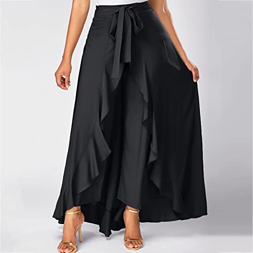 Xiaxogool Palazzo Pants For Women Dressy Dressy Double Layer Wide Leg Culottes Irregular Ruffle Lace-Up Pants Flowy Palazzo Slacks Elegant Office Business Casual Wear 2023 Black Large #TOP1