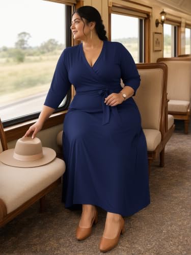 Image of SUZONANA Plus Size Maxi Dresses for Curcy Women Casual Loose 3 /4 Sleeve Long Dress with Belt