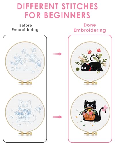 Image of TINDTOP 2 Pack Embroidery Kit for Adult Beginners, Embroidery DIY Starter Kit, with Black Cat and Flowers Stamped Patterns, Hoop, Tools, Colorful Threads with Needles, Instructions | 2 Pack with Black Cat And Flowers Stamped Patterns, Hoop, Tools, Colorful Threads with Needles, Instructions