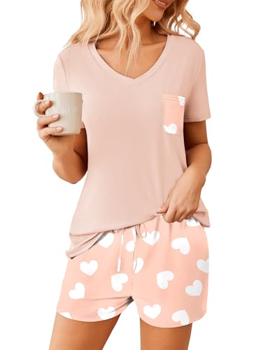 Image of Ekouaer Womens Pajama Sets Short Sleeve Pajamas for Women Sets Soft Lounge Sets Casual V Neck Sleepwear PJS