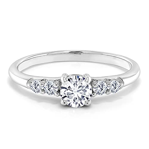 Gem Stone King 925 Sterling Silver 5MM Round Gemstone Birthstone and White Lab Grown Diamond Engagement Ring | Wedding Anniversary Promise Ring For Women | Available In Size 5, 6, 7, 8, 92