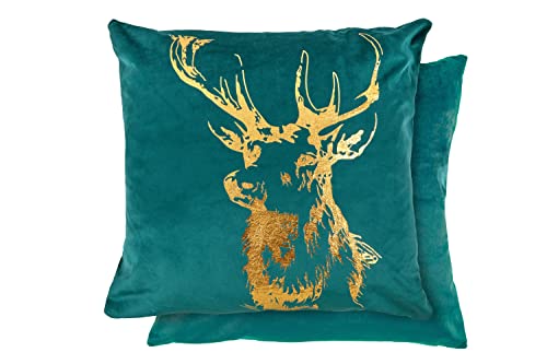 Emma Barclay Velvet Stag - Soft Plush Cushion Cover with Foil Print in Emerald Green - 17x17 (43x43cm), XMVSTGEGN
