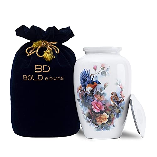 urn birds - BOLD & DIVINE Adult Cremation Urn White Birds Cremation Urn | Human Ashes Adult Memorial urn, Burial, Funeral Cremation Urns | 200 Cubic Inches (Large/Adult Urn) with Unique Velvet Bag