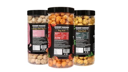 Image of H O M House Of Makhana 195g Tangy Tomato, Pudina + Himalayan Salt and Pepper Gourmet Makhana Jar Roasted in Olive Oil, Flavored Makhana Pack of 3 (65gX3)