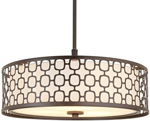 Kira Home Harper 18" 3-Light Double Drum Chandelier w/Lattice Outer Metal Shade + Inner White Glass Diffuser, Oil-Rubbed Bronze Finish