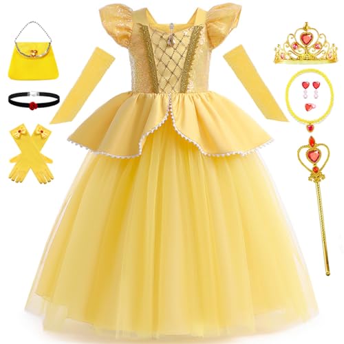 Luzlen Belle Costume for Girls Yellow Princess Dress up Halloween Birthday Party Cosplay Outfits with Accessories Yellow, 4-5T(Tag 120)