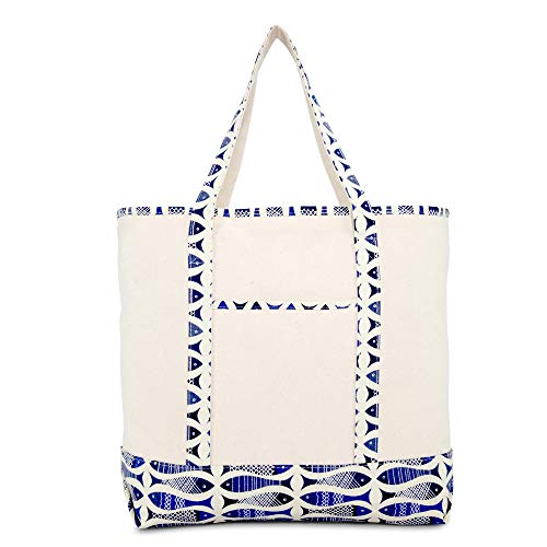 Dalix 22" Shopping Tote Bag Heavy Cotton Canvas (Zippered Top) Blue Antique Fish #TOP1