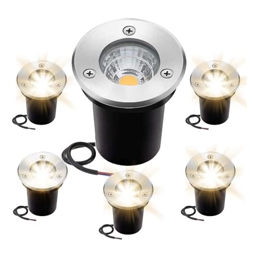 6PCS Ground LED Landscape Lights - 3W COB Recessed LED Spotlights, LED Underground Well Light, 3W Round Floor Lamp, COB IP67 Waterproof Mini Outdoor Step Garden Light(Warm White light,85-265V)