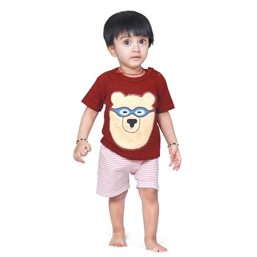 Image of ARIEL Baby Boys & Baby girls Cotton Printed Round Neck Half Sleeve T-shirt & Short Summer Clothing Sets
