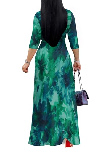 Image of Women's V Neck Floral Maxi Dress 3 /4 Sleeve Plus Size Boho Wrap Flowy Long Dresses with Belt