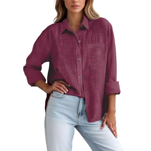 Tops Sexy Rojas para Mujeres de Satén Camisa Casual de Manga Larga y Solapa para Mujer, con Bolsillo anudado, para Primavera y Verano Camiseta de tirantes para Hombre Impreso, vino., XXX-Large