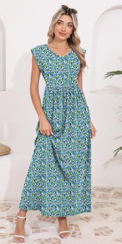 Image of DB MOON Womens 2026 Maxi Dresses Empire Waist Long Summer Dress Casual Cap Short Sleeve Sundress with Pockets