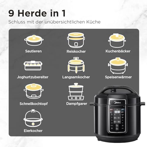 Bild 1 - Midea Elektrischer Schnellkochtopf 9-in-1, 8L Multikocher 12 Voreinstellungen Instant, Joghurtbereiter, Reiskocher, Slow Cooker, Sous Vide, Dampfgarer, Nudelkocher, Edelstahl Innentopf, Schwarz