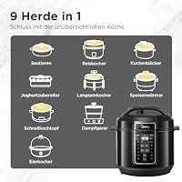 Midea Elektrischer Schnellkochtopf 9-in-1, 8L Multikocher 12 Voreinstellungen Instant, Joghurtbereiter, Reiskocher, Slow Cooker, Sous Vide, Dampfgarer, Nudelkocher, Edelstahl Innentopf, Schwarz – Ansicht 2