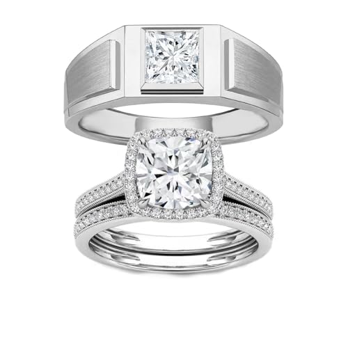 S925 Silver 10K 14K 18K Gold Couple Wedding Bands Ring Set for Her and Him 1-3 Carat Moissanite Couple Matching Engagement Rings Set 3pcs Bridal Rings Sets for Women and Men Free Engraving4