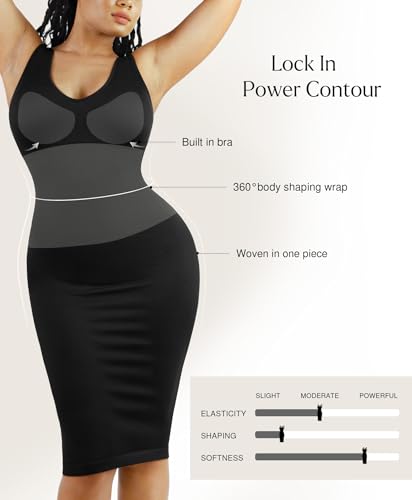 Image of Popilush Tummy Control Dress for Women Shapewear Bodycon Midi Dresses Sleeveless V Neck Summer Party Sundresses