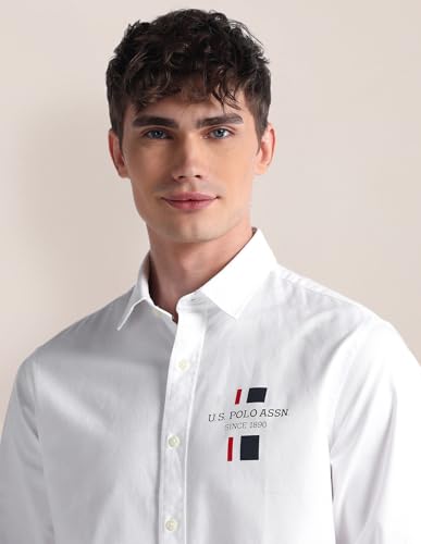 Image of U.S. POLO ASSN. Mens Cotton Regular Fit White Solid Collared Neck Long Sleeve Casual Shirts