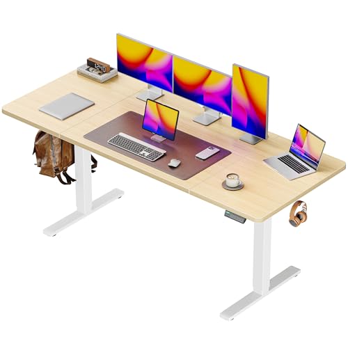 Image of Huuger 63 x 28 Large Electric Standing Desk, Height Adjustable Computer Desk, 27.6 inch Deep Desktop, Stand up Gaming Office Table with 2 Hooks, 3 Preset Heights, for Home Office, Maple