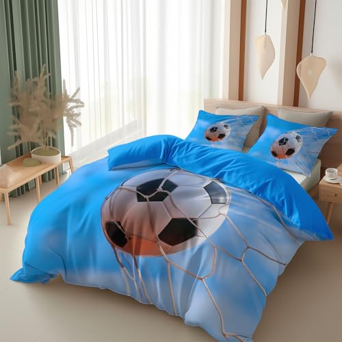 Srigzcaly Moderno juego de ropa de cama con cremallera, diseño de balón de fútbol, 240 x 220 cm, color azul brillante, funda nórdica para niños y niñas, microfibra, juego con 2 fundas de almohada de