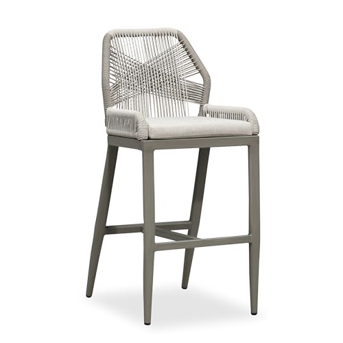 Image of PURPLE LEAF Bar Stool 1 Piece Outdoor Bar Height Metal Stool Modern Wicker Rattan Barstools with Back Aluminum Outside Garden Patio Bar Chair, Light Grey