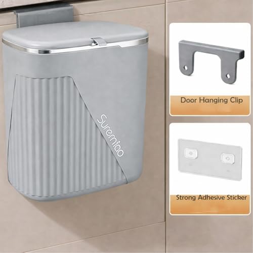 Image of Kriva Hanging Trash Can for Kitchen Cabinet Door with Lid | Small Under Sink Garbage Can Trash Bin for Bathroom,Wall Mounted Counter Waste Kitchen Dustbin, 1 Pc (Grey)