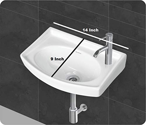 Image of Wash Basin Wall Hung Mounted Glossy Finish White Sink for Bathroom - (14 x 9 x 6 Inch)