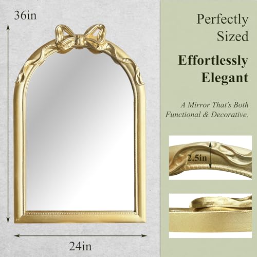 Image of 36x24 Arched Gold Bow Wall Mirror, Vintage Vanity Mirror for Bathroom & Bedroom Decor, Antique French Style Engineered Wood Frame with Ribbon Knot, Cute Coquette Aesthetic