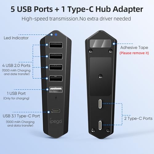 Hub USB 6 en 1 para PS5 Pro/Slim - Extensión de puerto USB de alta velocidad con 1 tipo C 3.0, 4 USB-A 2.0 y 1 puerto de carga, adaptador para consola de disco y digital - imagen 2