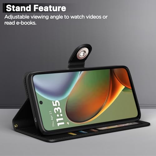 Image of Pikkme Flip Cover Leather Finish | Inside TPU with Card Pockets | Wallet Stand and Shock Proof | Complete Protection Button Flip Case for Moto G15(Black)