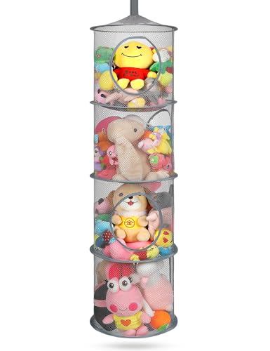 Stuffed Animal Storage Foldable Stuffed Animal Net or Hammock Organizer, 4 Compartments Hanging Mesh Toy Storage Organizer for Kid Room Toys, Gloves, Hats, Socks（Gray）