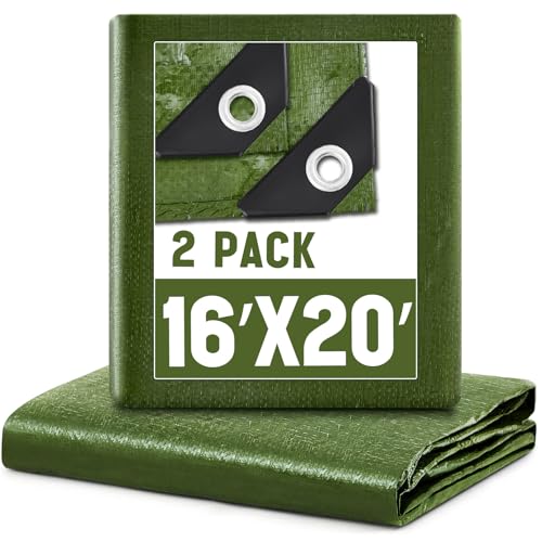 Image of 2 Pack 16 x 20 ft 5.5 Mil Large Tarps Heavy Duty Waterproof Tarp Multi Purpose Tent Cover for Home Boats Cars Camping Patio Furniture Roof Emergency Rain Protective Cover, Army Green