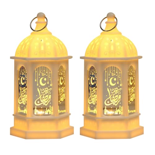 Paquete de 2 faroles de Ramadán, faroles de mesa LED decorativos con forma de jaula, lámparas de noche de Ramadán para dormitorio, jardín y decoración de fiestas