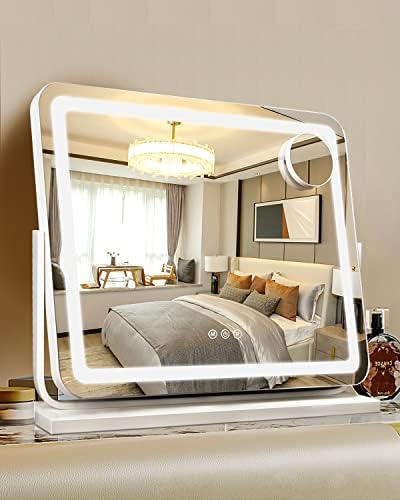LMZNXCZ Vanity Mirror with LED Lights,Large Lighting Makeup Mirror,3-Color Dimmable, with Smart Memory Touch Suitable for Bedroom Changing Room Wall-Mounted Tabletop 22" Lx19 H,10X Magnification