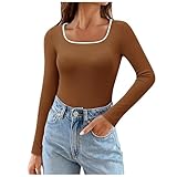 Camiseta básica de manga larga para mujer, cuello cuadrado, camiseta interior térmica, camiseta interior térmica, elegante, manga larga, térmica, ajustada, básica, jersey, B04 Orange, M