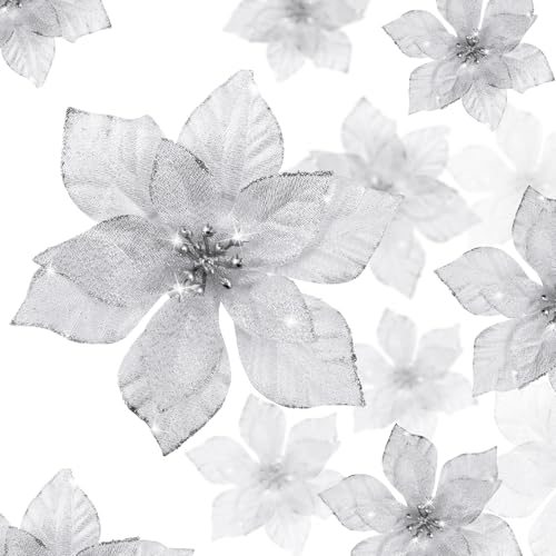 36 Pieces 3 Size Christmas Poinsettia Christmas Tree Flowers Glitter Faux Flowers Decoration Artificial Poinsettia Ornaments For Christmas New Year Home Outdoor Decoration (Silver, 3/ 4/ 6 inch)